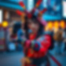 Person dressed as Kūkaku Shiba with detailed costume and vibrant colors striking a pose