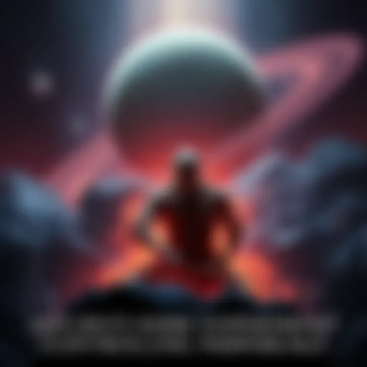 A figure representing Kuma, bound and submissive, surrounded by dark energy, symbolizing control by a larger figure of Saturn in the background.