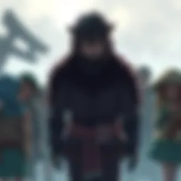 Kuma absorbing pain from villagers Kuma stands solemnly, surrounded by villagers showing signs of pain. His expression reflects deep empathy as he accepts their suffering, symbolizing his heavy burden.