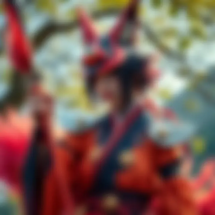 A person dressed as Kurama, showcasing a detailed costume with fox-like features and vibrant colors, set against a backdrop of nature.