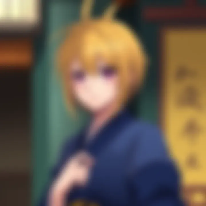 A character from an anime wearing traditional clothing, with striking blonde hair and serious expression, standing in a thoughtful pose.