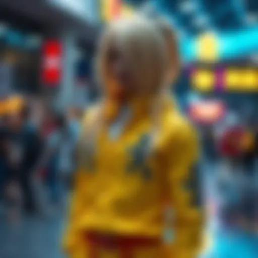 A person dressed in a detailed Kurapika cosplay outfit, complete with Kurta symbols and long blonde hair styled like the character.