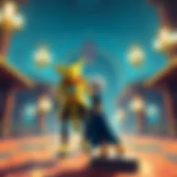 Kurapika Protecting Prince Wobble Kurapika stands alert, guarding Prince Wobble who appears anxious in a lavish palace, showcasing Kurapika's commitment to his safety.