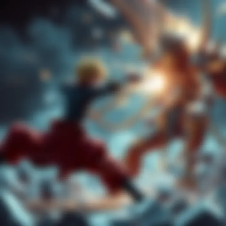 Kurapika battling Tserriednich Kurapika uses his chains in an intense fight against Tserriednich, who appears powerful and imposing.