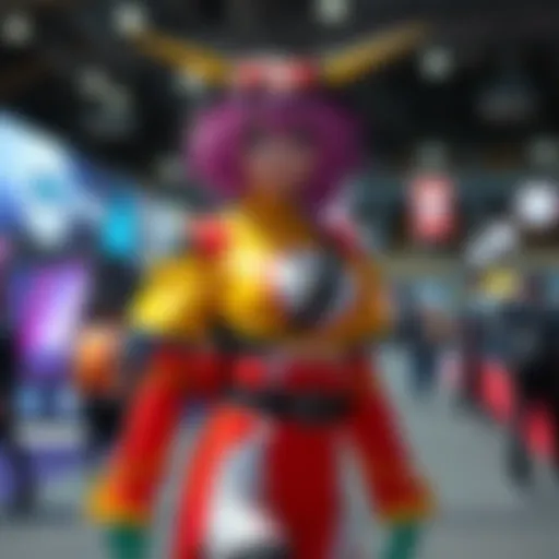 A person wearing Kureha's outfit, showcasing vibrant colors and unique design features typical of the character, standing at a convention