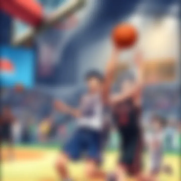 A dynamic scene showcasing a basketball game, capturing a player making a slam dunk with intense expressions from teammates and opponents.