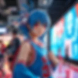 A person dressed as Kuroko from a popular anime, showcasing their costume with blue hair and a basketball uniform at a cosplay event.