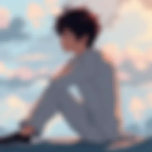 Kurono, a manga character, sits alone in a thoughtful pose, showing his flaws and strength as he stares into the distance, embodying a mix of determination and vulnerability.