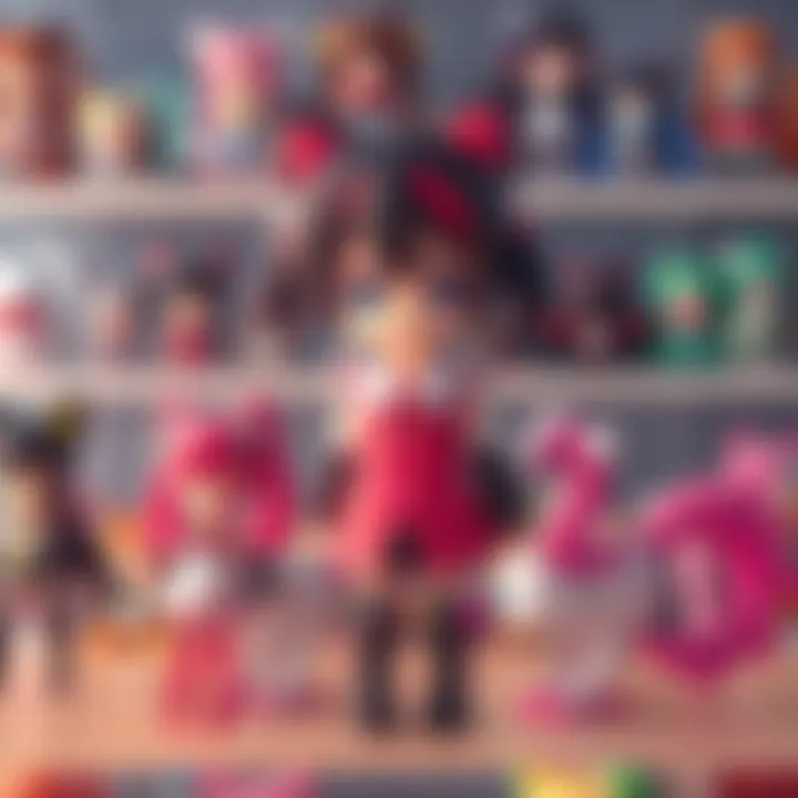 A variety of Kurumi figures displayed on shelves, showcasing their different designs and colors