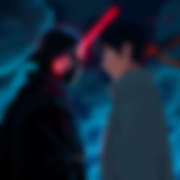 Kylo Ren and Obito facing each other Kylo Ren and Obito stand in a dramatic confrontation, showcasing their contrasting styles and emotions as they contemplate their paths to redemption.