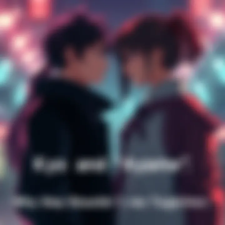 Kyo and Ayame stand apart with somber expressions, highlighting the emotional distance in their relationship