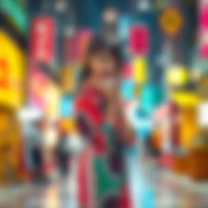 A vibrant young woman named Kyoko stands confidently, surrounded by colorful trends and patterns, showcasing a fresh style.