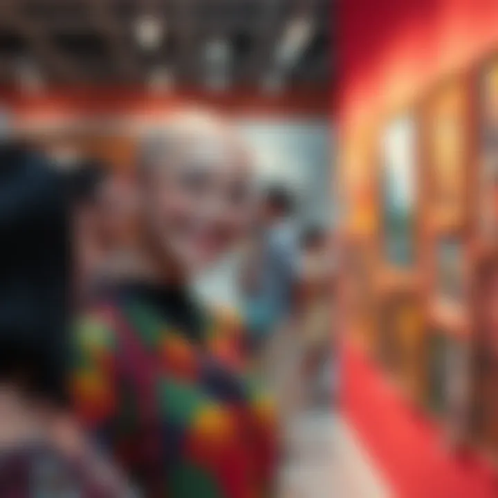 Kyouka with a bald head smiling, wearing a colorful outfit, engaging with fans at an art exhibit.