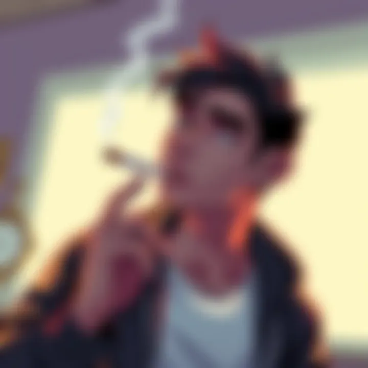 A character named L holding a cigarette, reflecting on his oral fixation in a thoughtful pose.