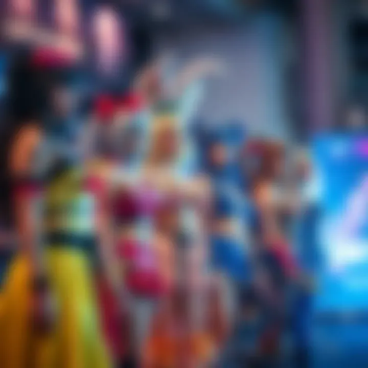 A group of women in colorful L cosplay outfits showcasing their unique styles at a convention