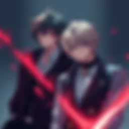 L and Light transformed into Dark Yagami and W Lawliet, showcasing their new dark outfits and serious expressions.