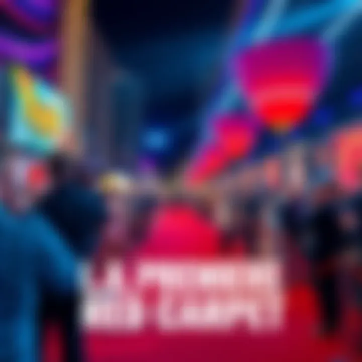 A vibrant scene from the L.A. premiere red carpet, showcasing celebrities interacting with fans and media.