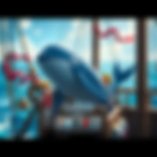 Laboon the whale joins friends in a vibrant scene on a ship, ready to start a new journey in the ocean.
