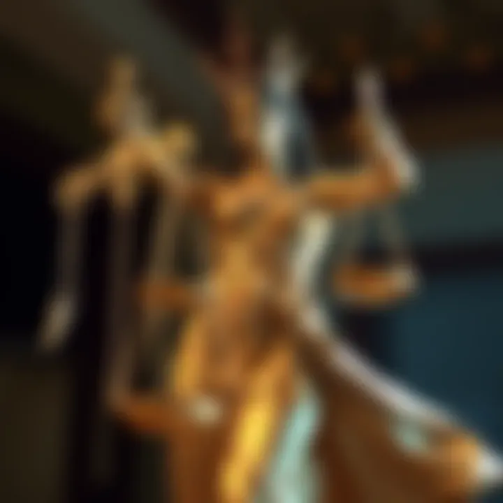 A character representing Lady Justice, holding scales and a sword, symbolizing fairness and law in a stylized design.