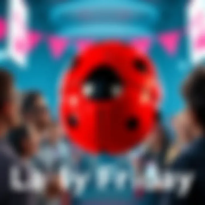 A colorful ladybug is showcased with a spotlight at the fleet event, surrounded by excited participants discussing its features.