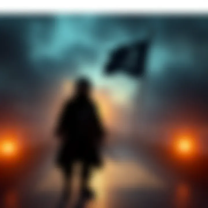 A silhouette of Laffitte, a historical pirate, standing on a ship's deck with a treasure map and a pirate flag in the background, symbolizing his role in pirate strategy.