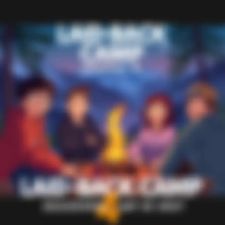 Characters from Laid-Back Camp enjoying camping with scenic mountains and a cozy campfire in the background.