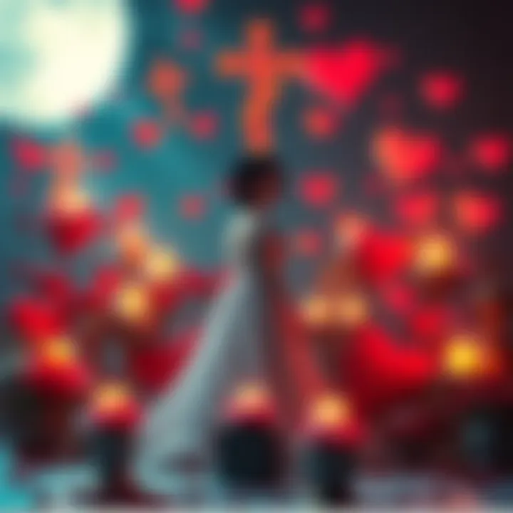 Lain standing amidst symbols representing love and peace, creating a calming atmosphere.