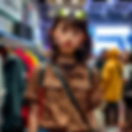 A person wearing a closet cosplay inspired by Lain, featuring a stylish blend of casual clothes and iconic accessories, set against a convention backdrop.