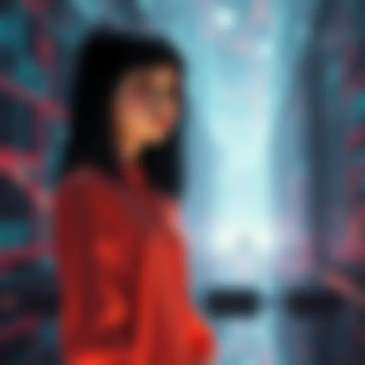 Lain stands in a futuristic, digital environment surrounded by flowing data streams and glowing interfaces, reflecting her connection to technology and identity.