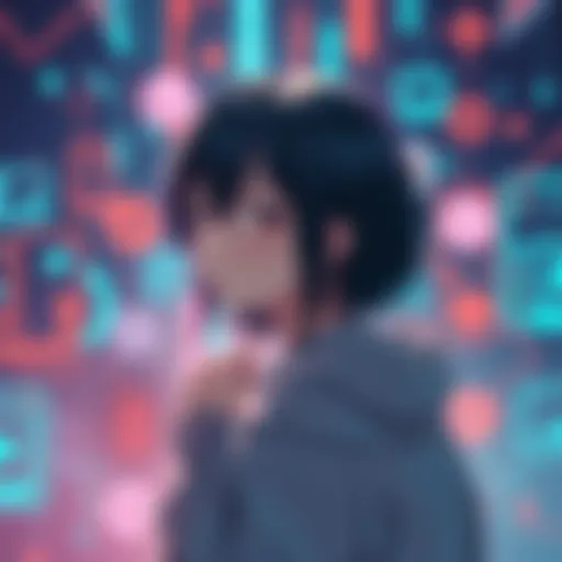 A girl with dark hair wearing a hoodie, surrounded by digital symbols and screens, representing the themes of identity and technology in Lain.