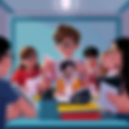 Illustration of Lain in a classroom setting A student holds a textbook featuring Lain, surrounded by other students engaged in discussion