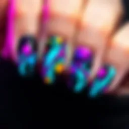 Colorful nails featuring designs inspired by the character Lain, showcasing a blend of abstract and cyber themes.