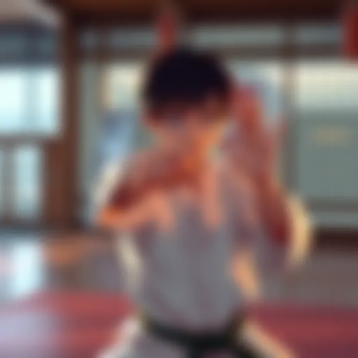 A character named Lain demonstrating karate skills in a dojo, showing concentration and form.