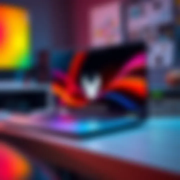 Laptop for Content Creation A sleek Alienware laptop on a desk with colorful LED lights, perfect for Vtubers and content creators.