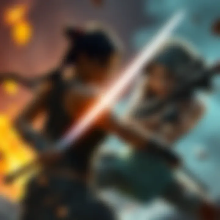 Lara Croft and Ellie face off in an action-packed battle scene, showcasing their unique weapons and skills.