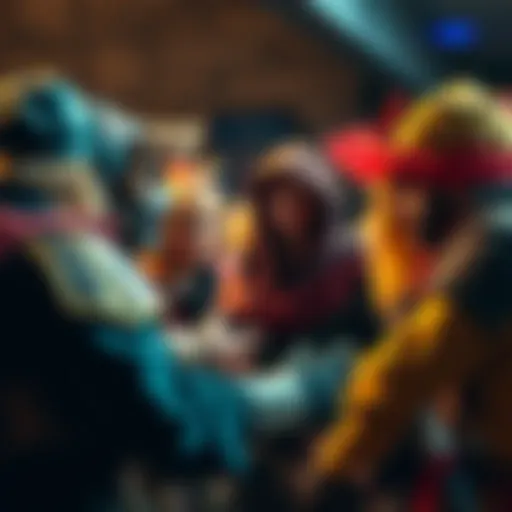 LARP Characters in Discussion A group of people dressed as LARP characters, engaging in a lively discussion about character interpretations, with colorful costumes, props, and animated facial expressions.