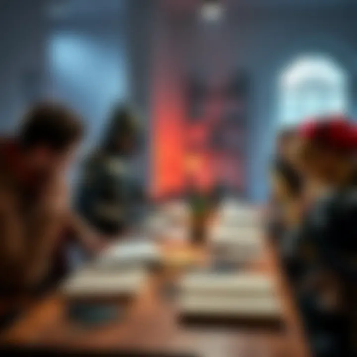 A group of people in costume discussing LARP writing techniques around a table covered with notebooks and pens.