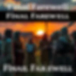 A group of larping fans in medieval costumes gather for a last event, sharing stories and emotions, with a sunset in the background.