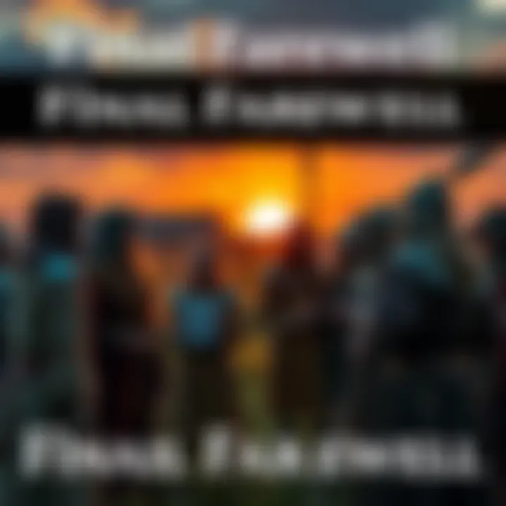 Larping Farewell Gathering A group of larping fans in medieval costumes gather for a last event, sharing stories and emotions, with a sunset in the background.