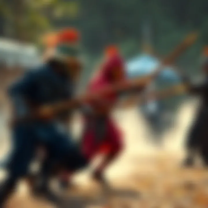 Group of people dressed in various larping costumes, engaging in an outdoor battle with foam weapons.