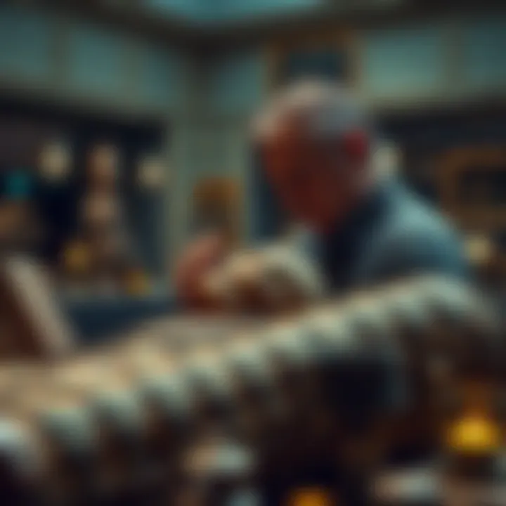A person named Larry closely examining an ancient mummy in a museum setting with various artifacts around.