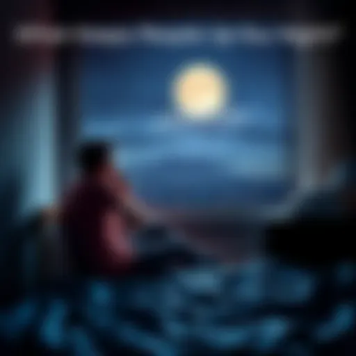 Late Night Thoughts A person sitting on a bed with a worried expression, looking out a window at the moonlit night sky