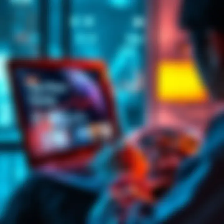 A person reading news on a laptop with important topics visible on the screen.
