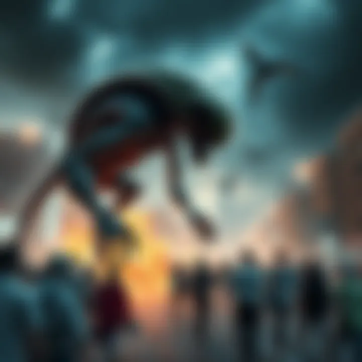 A strange latex creature invading an urban environment, causing panic among people. The background shows a cityscape with dark clouds and chaos.
