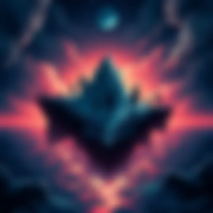 Illustration of Laugh Tale as a Reversi-style island with dark waters and shadowy figures representing doppelgangers.