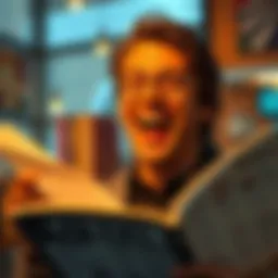 A person chuckling at a funny article, symbolizing the humor in mocking and irony.