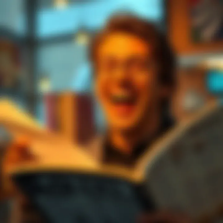 A person chuckling at a funny article, symbolizing the humor in mocking and irony.