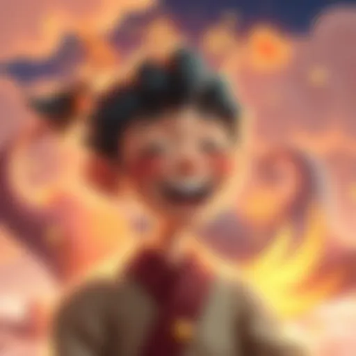 Laughing Character with Divine Elements A character named Su smiling joyfully, surrounded by whimsical clouds and playful light, representing divine humor.