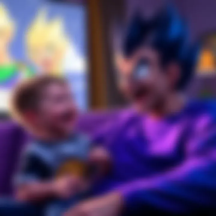 Laughing with Vegeta A toddler and parent laughing together while watching an animated show featuring Vegeta, a character with spiky hair and a fierce expression.