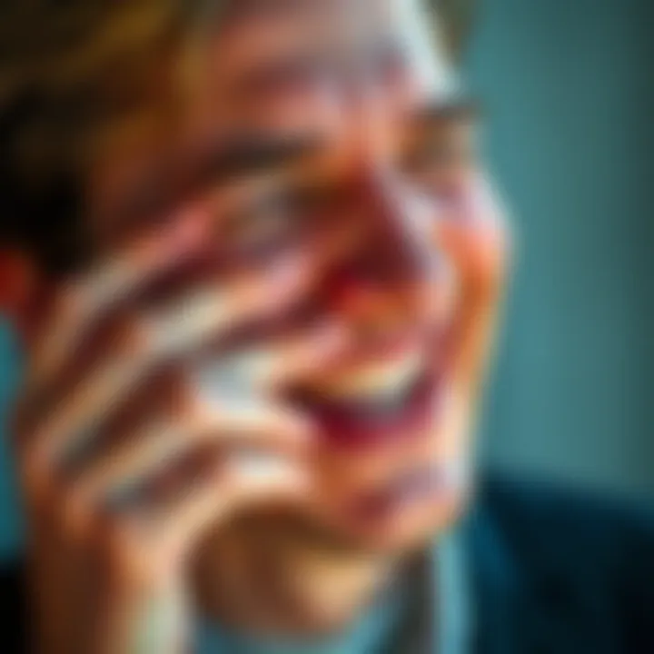 A person laughs while wiping away a tear, showing the mix of joy and sorrow in modern life.